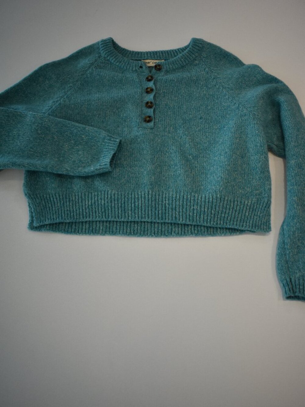 Small New In Women Small Teal Blue Crop Knit Sweater Henley Button Long Sleeve